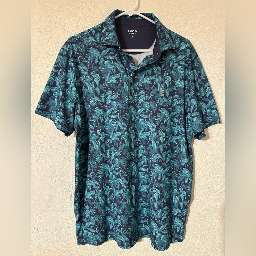 Izod Golf Polo Shirt Men Tropical Print Performance Material Short Sleeve Size M
